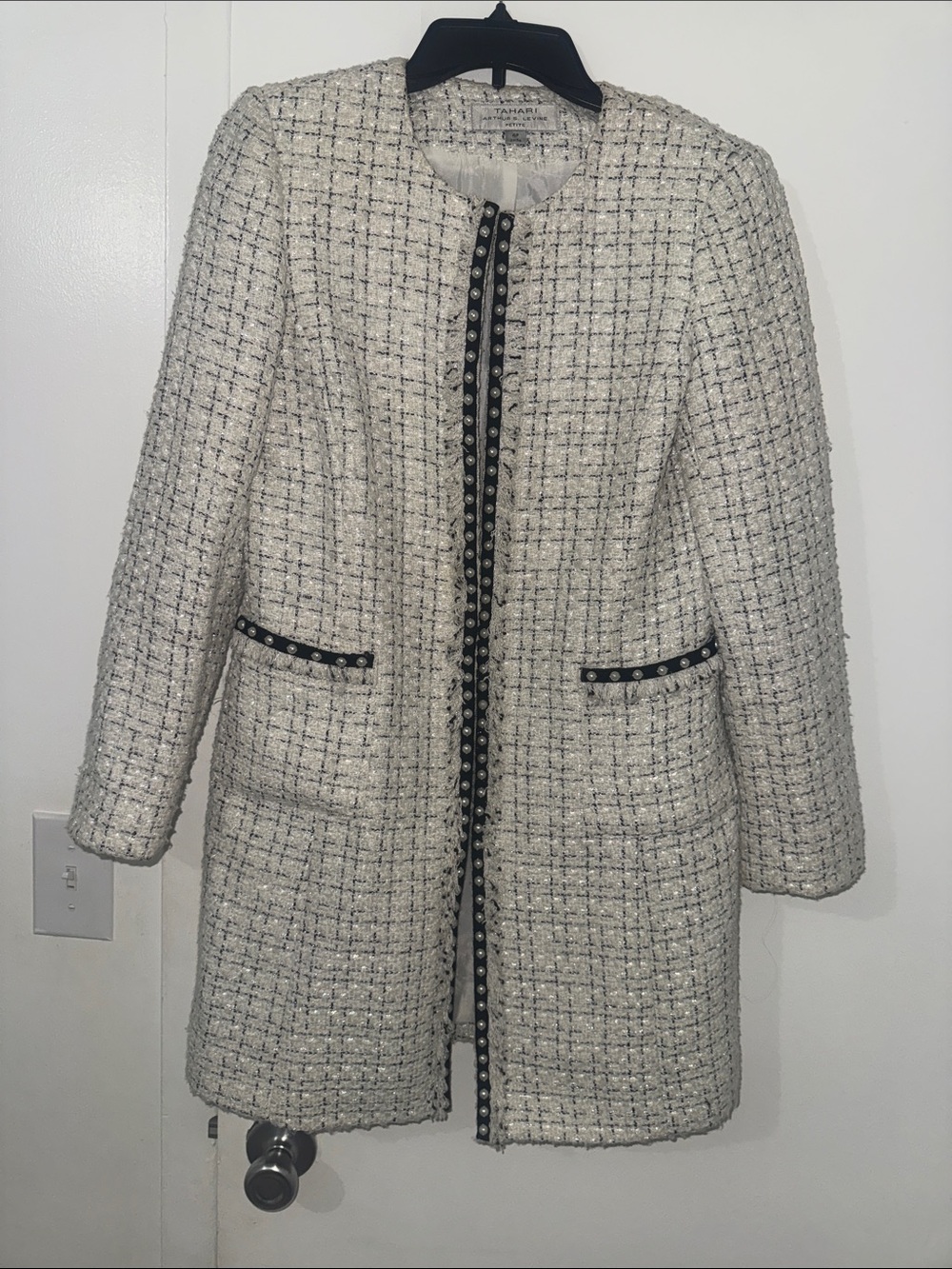 Tahari Cream Tweed Collarless Coat with Black Stud Trim